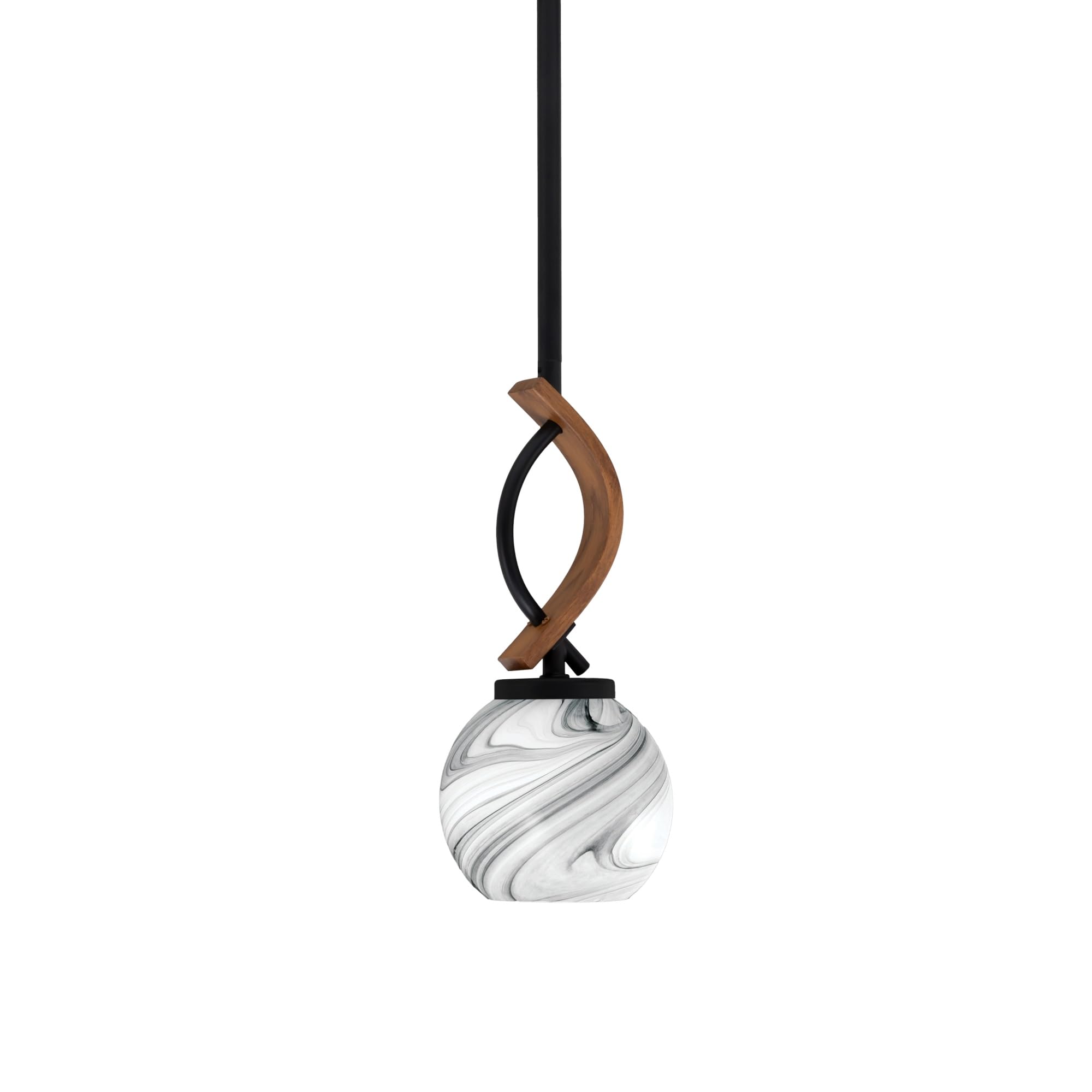 Toltec Lighting Monterey Stem Hung Mini Pendant, Onyx Swirl Glass, Matte Black & Wood-Look Finish, 5.75in