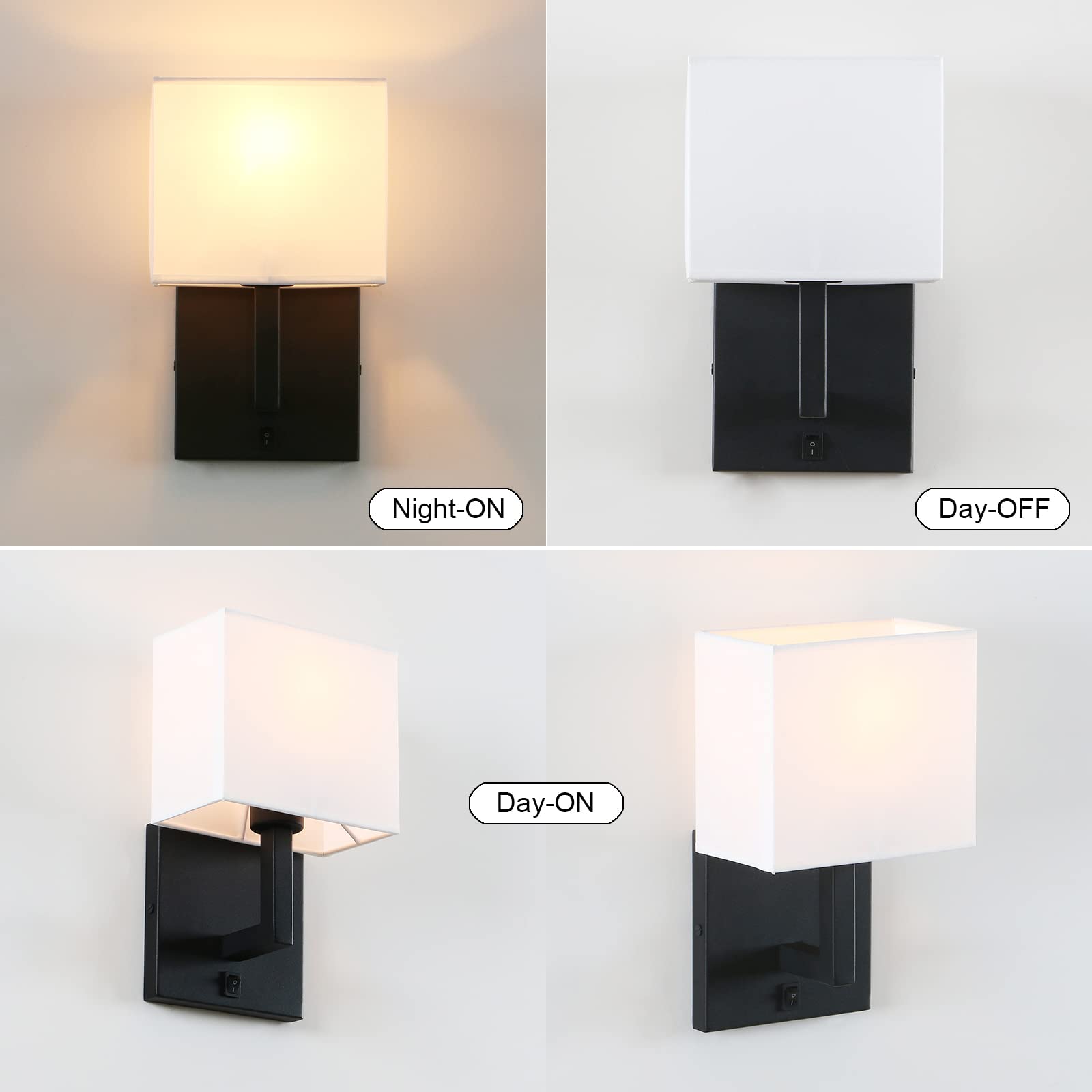 PERMO Single Wall Sconce Light Fixture Black Finish with White Textile Shades and On/Off Switch Button Small Modern Nightstand L