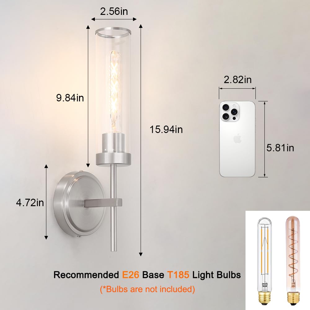 DSMJFU Wall Sconces Set of 2, Brushed Nickel, Metal Lighting Fixtures, 15.94in Hardwired, Clear Glass for Bathroom, Living Room, Hallway