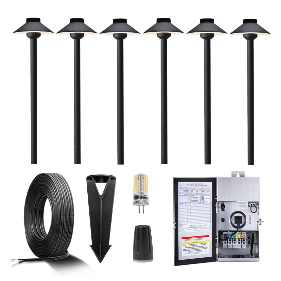 Gardenreet Black Brass Low Voltage Landscape Path Lights(6 Pack) Kit 12V LED with Low Voltage Transformer 150W and Mechanical Ti