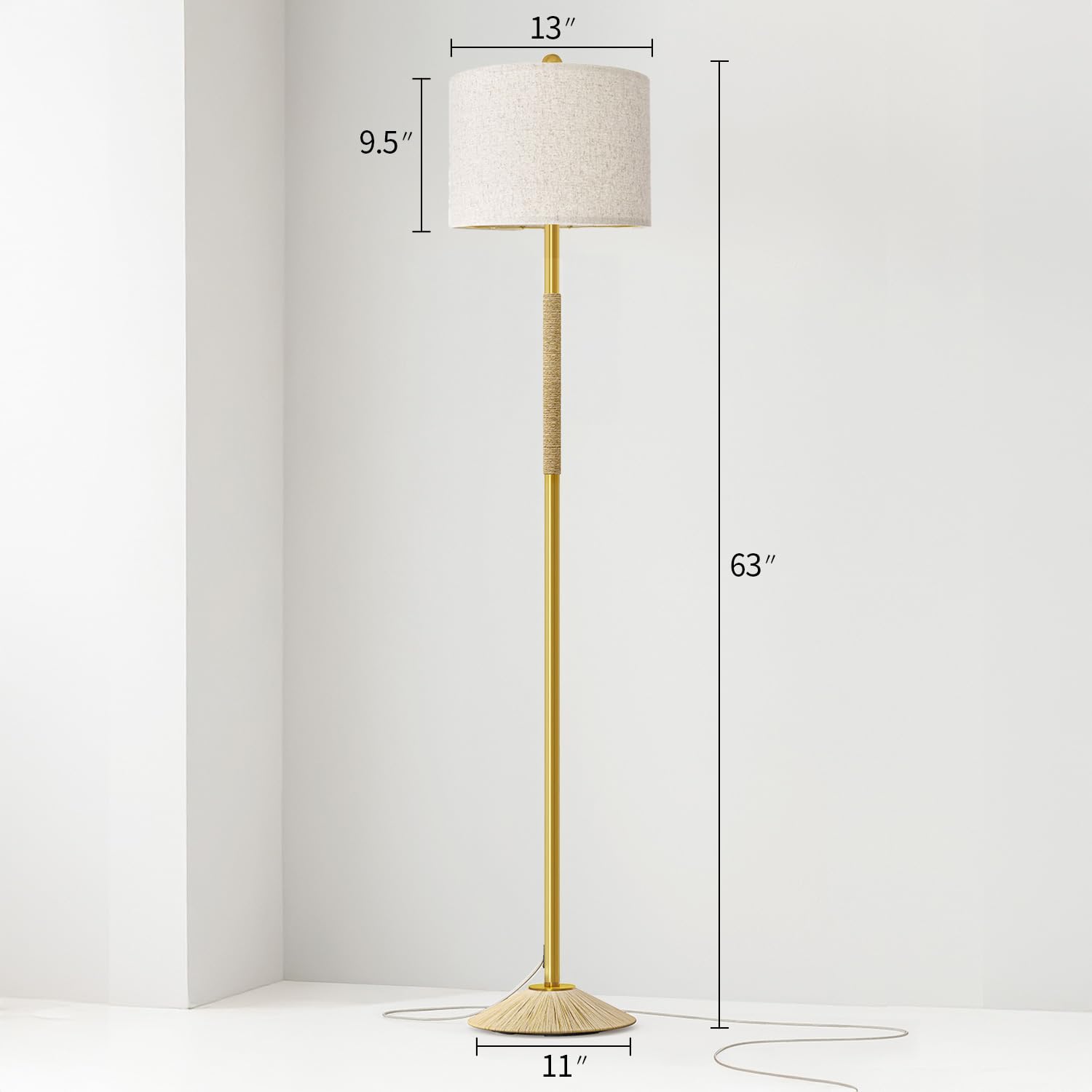 Oneach 63    Modern Floor Lamp For Living Room, Gold Boho Standing Lamp With Unique Rope Design, Rotary Switch, Farmhouse Tall L