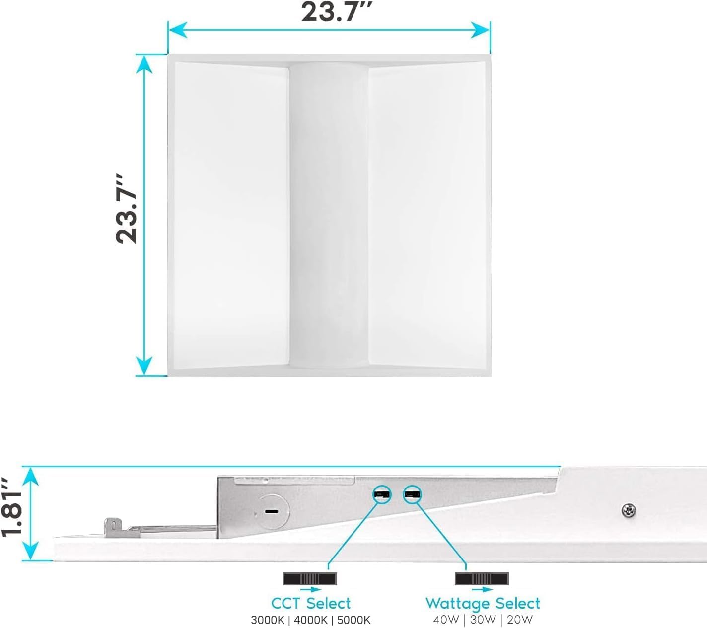 2X2 Ft Center Led Troffer Panel Light, 20/30/40W, 3 Color Options 3000K | 4000K | 5000K, Dimmable Drop Ceiling Lights, 2500/3750/5000 Lumens, Damp Rated, 120-277V, Dlc Premium (12 Pack)