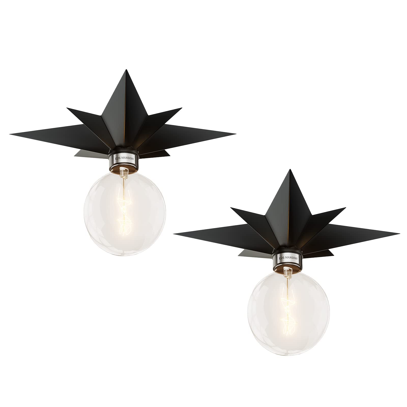 FRIDEKO HOME Flush Mount Ceiling Light - 2 Pack Black Metal Star Fixtures - Modern Design for Kitchen, Hallway, Bathroom
