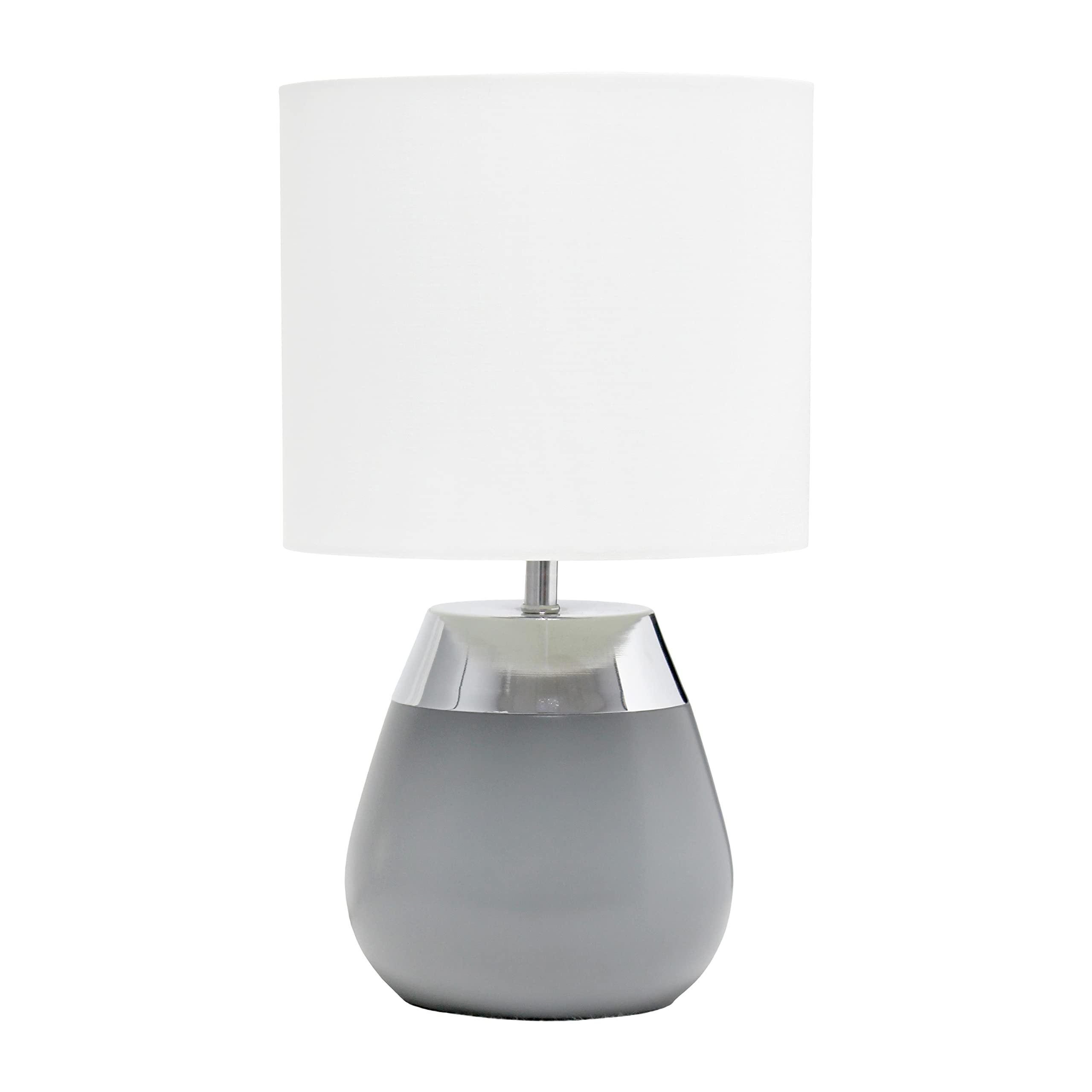 Simple Designs Lt1106-Gry 14&quot; Tall Modern 2 Tone Metallic Chrome & Gray Metal Bedside 4 Settings Touch Table Desk Lamp W White Fabric Drum Shade For Décor, Bedroom, Living Room, Dining Room, Office