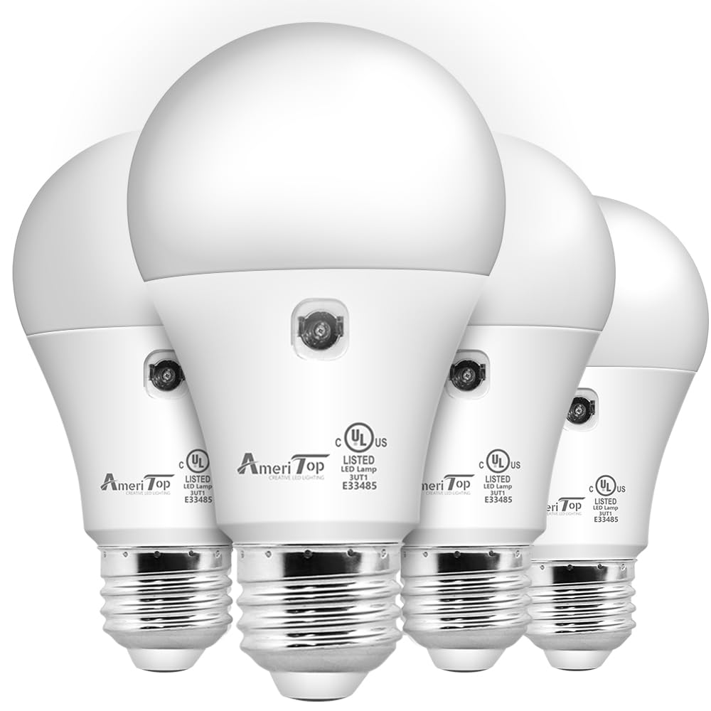 AmeriTop Dusk to Dawn Light Bulb- 4 Pack, A19 LED Sensor Light Bulbs; UL Listed, Automatic On/Off, 800 Lumen, 10W(60 Watt Equivalent), E26 Base, Indoor/Outdoor Lighting Bulb (5000K Daylight)