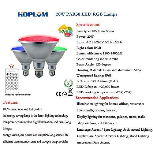 Hoplom 20W Par38 Rgb Colored Led Spotlight Outdoor, E27/E26 Color Changing Light Bulb, Waterproof Flood Light With Remote For Holiday Home Party Decoration
