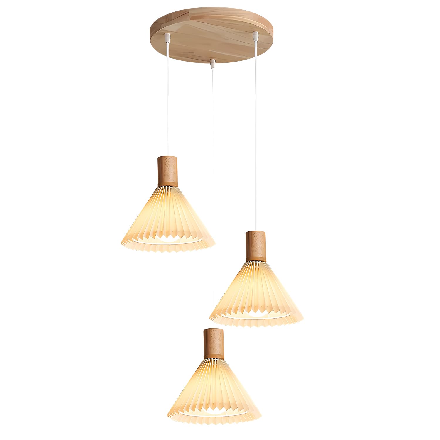 Kco 3-Light Vintage Pleated Chandelier - Industrial Farmhouse Wood Pendant Lighting