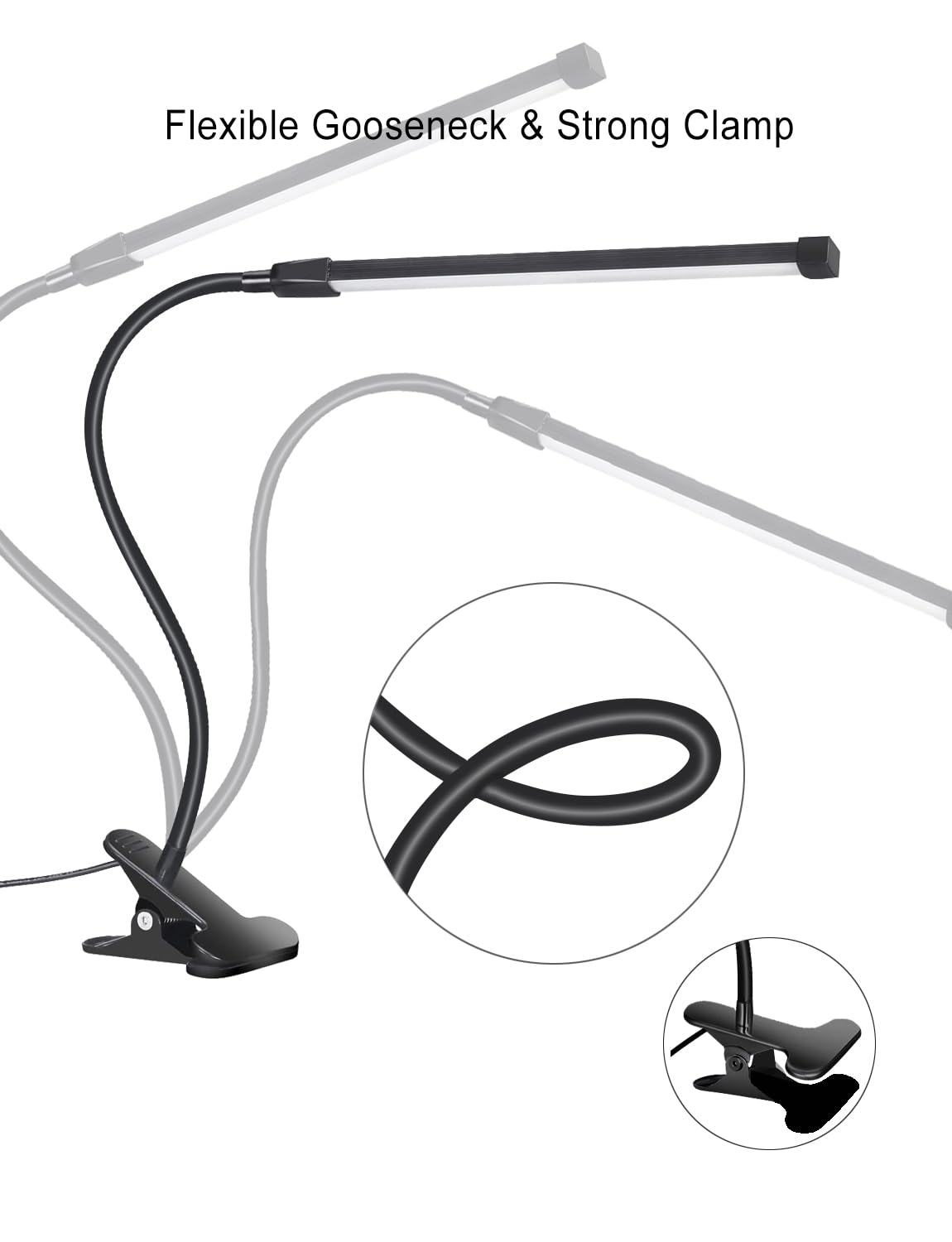 VagaryLight Clip On Desk Lamp, 3 Color Modes, 10 Brightness Levels, Small, Black, Model DLDL8, Gooseneck, Dimmable for Reading and