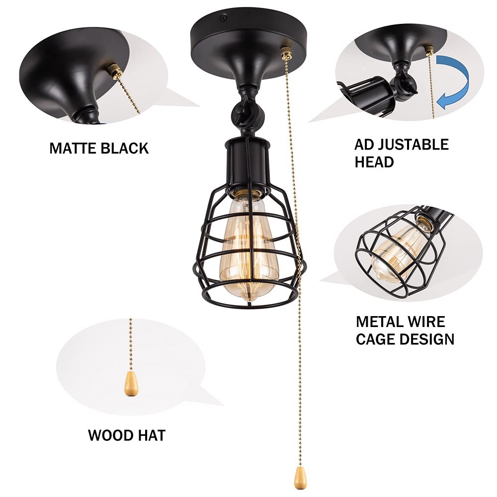 Industrial Farmhouse Close To Ceiling Light With Pull Chain 1 Light Black Semi Flush Mount Ceiling Light Adjustable Metal Cage D