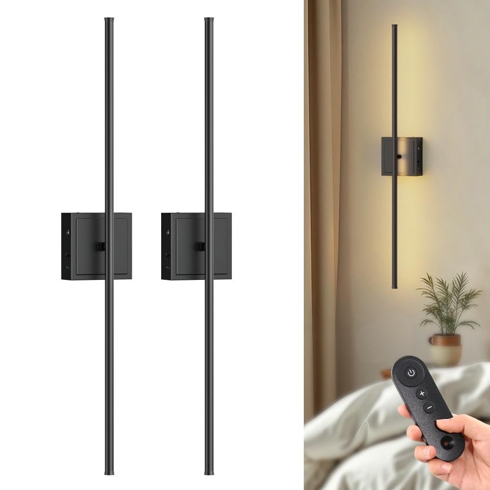 DORESshop Battery Operated Wall Sconces Set of 2, Dimmable, 31.6 Inch, Black Metal, with Remote Control