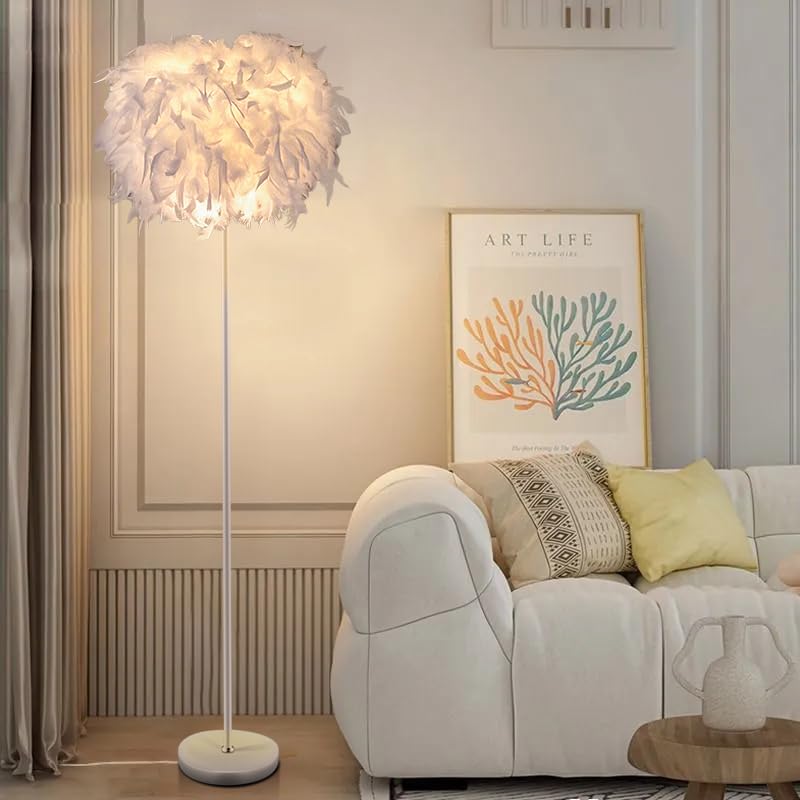 Kariosid Feather Floor Lamp,59In Simple Modern Led Standing Lamp,White Feather Floor Lamp For Bedroom,Living Room,Dining Room An