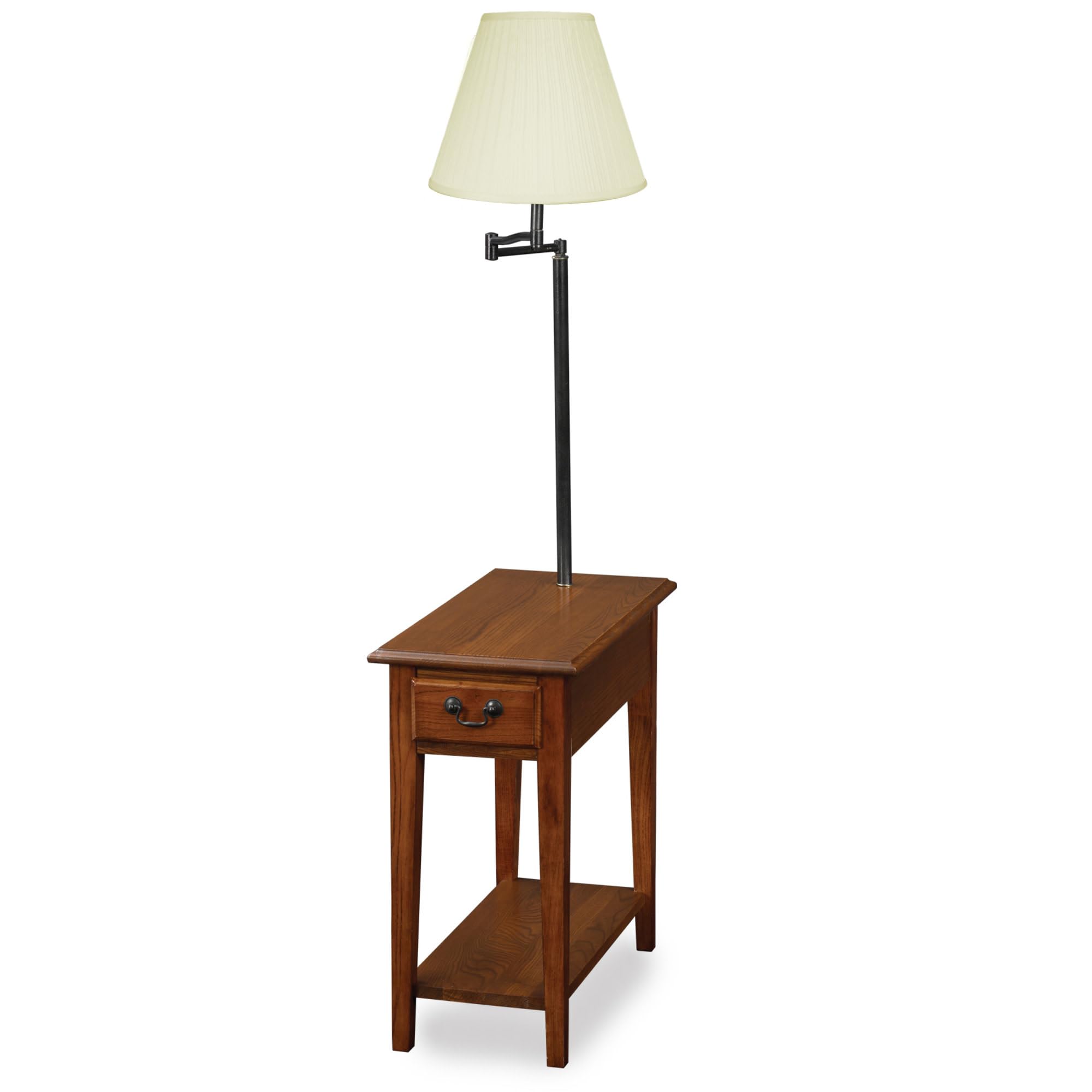Haven Ridge Solid Wood Side Table With Built-In Swing Arm Lamp And Drawer, Medium Oak Brown, Perfect For Entryways, Living Rooms