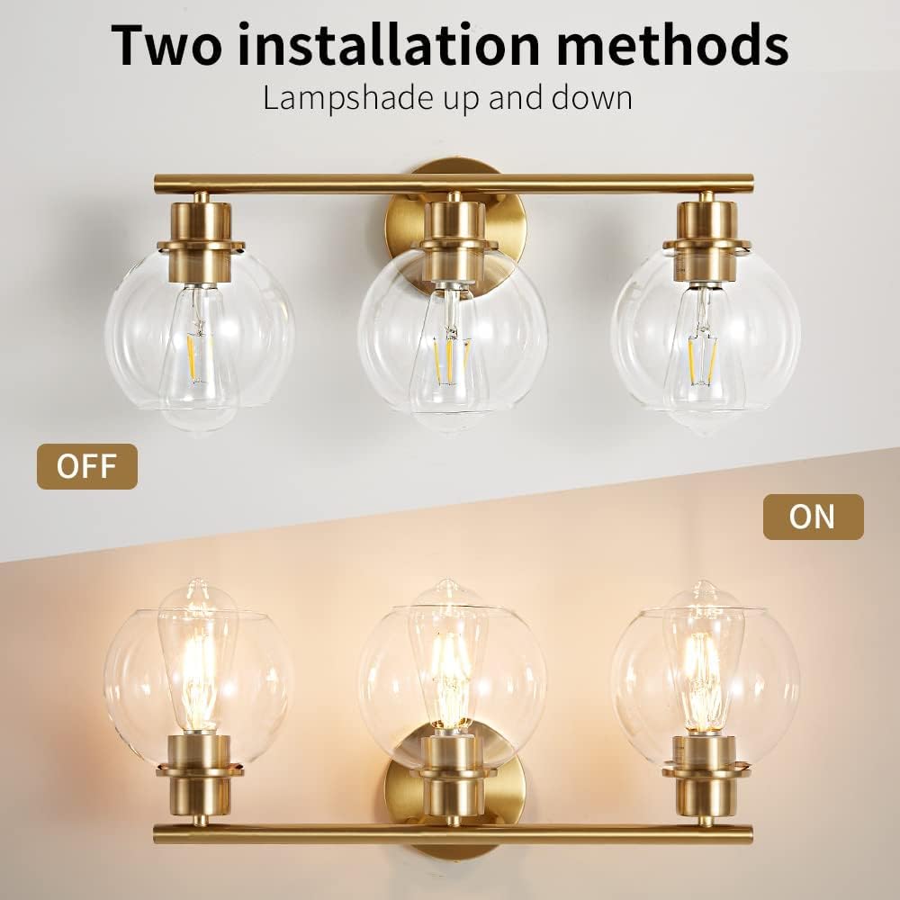 Lanmate Bathroom Light Fixtures Over Mirror 3-Lights Bathroom Vanity Light With Clear Glass Shade 22 Inch Modern Wall Sconce Gol