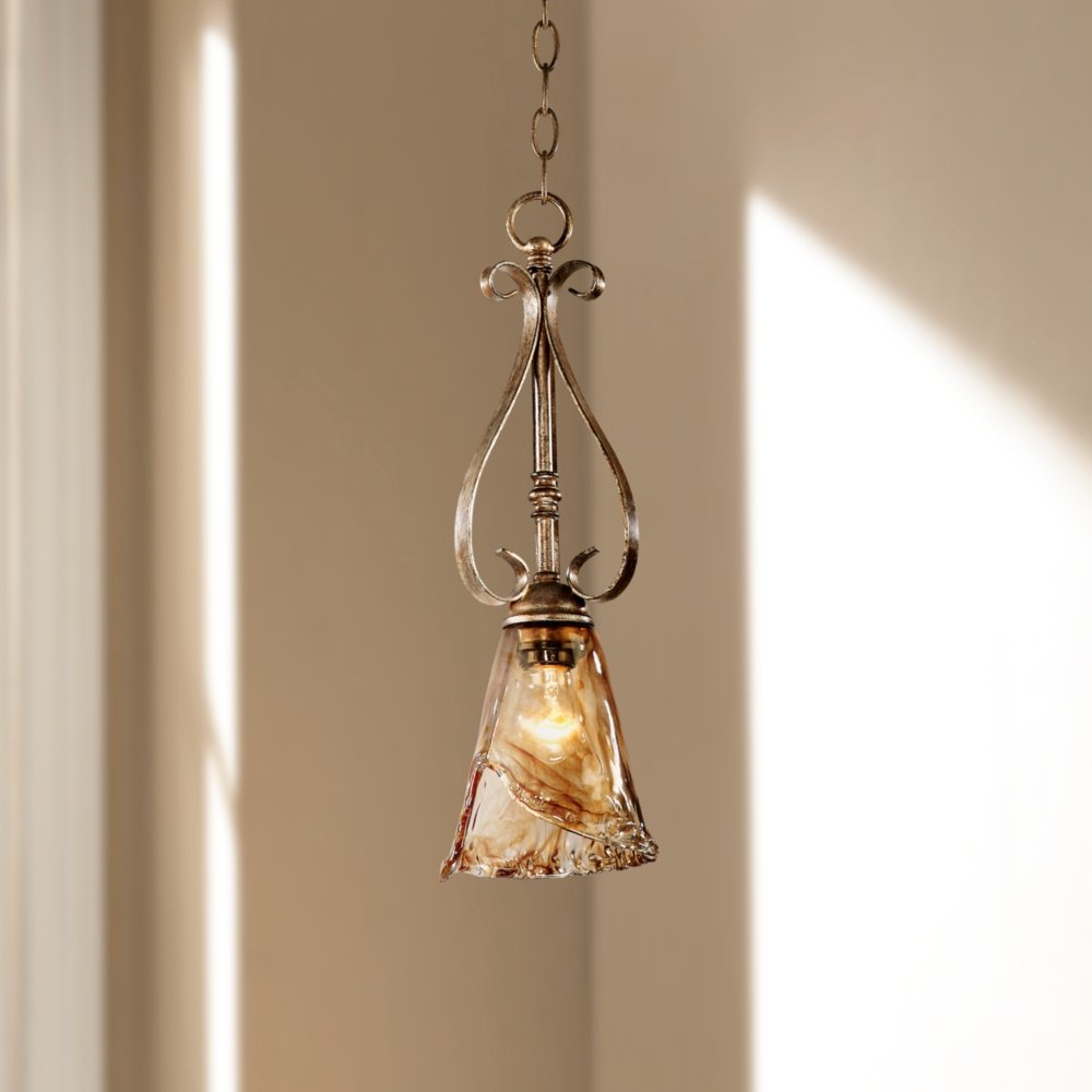 Franklin Iron Works Mini Pendant Lighting Fixture, Amber Scroll Art Glass, 6in Wide, Golden Bronze, Model 66225, Rustic Farmhouse Style