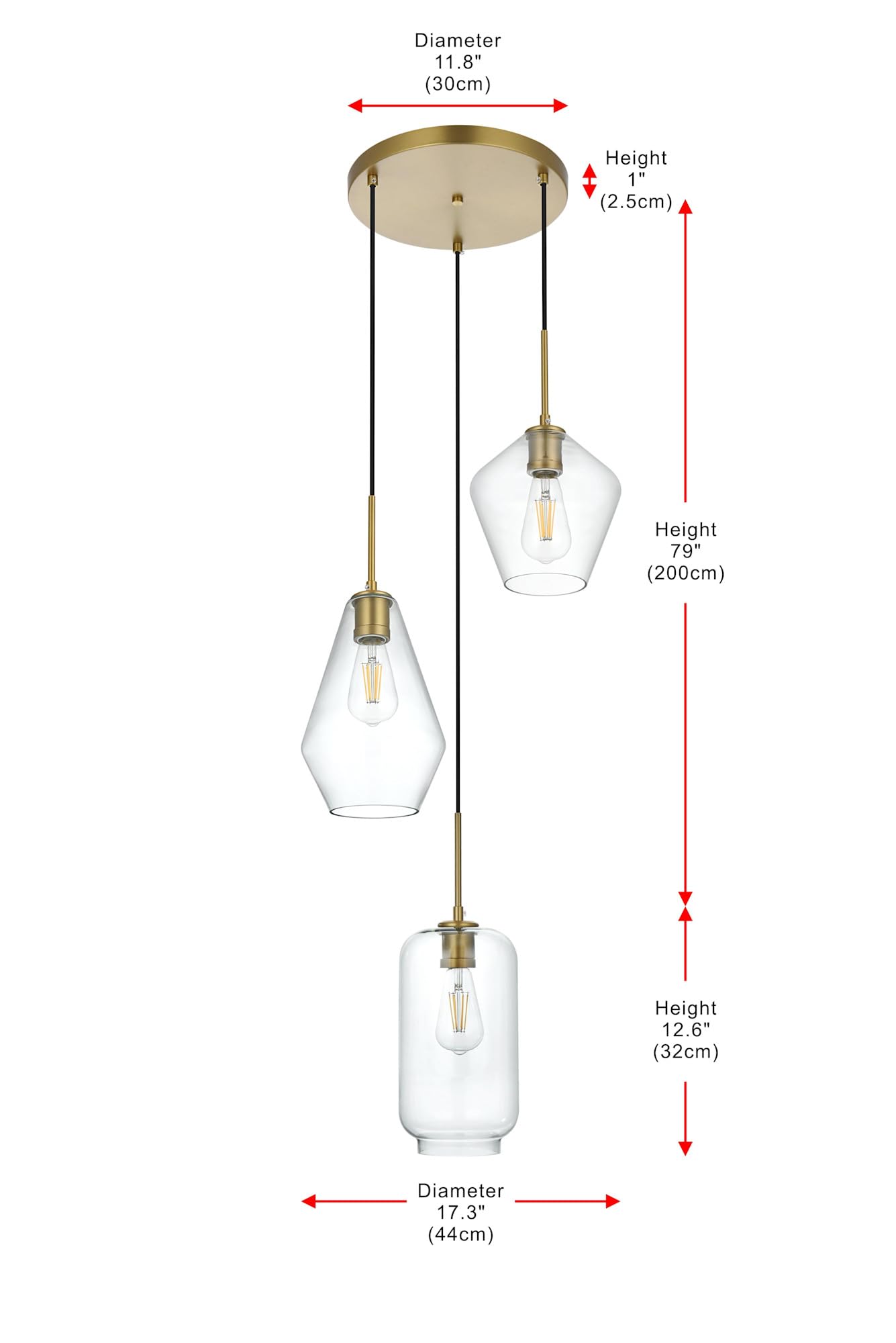 Elegant Lighting Living District Gene 3 Light Brass and Clear Glass Pendant