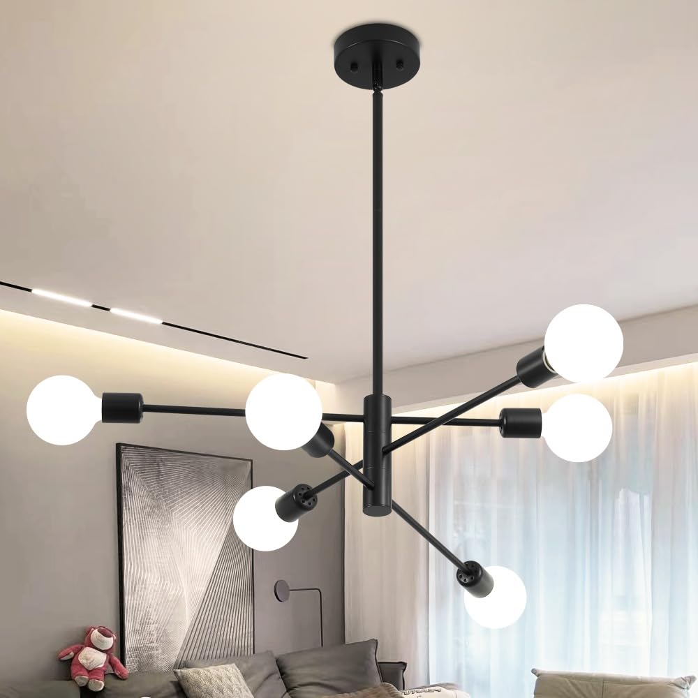 Deyidn Sputnik Chandelier, Black Modern Industrial Chandeliers 6-Light, Mid Century Ceiling Lighting Fixture for Living Room, Ki
