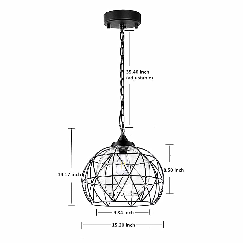 Wellmet 1-Light Outdoor Chandelier, 14.5 Inch Black Cage Pendant Lighting with Glass Shades for Dining Room, Bar, Hallway, Entryway