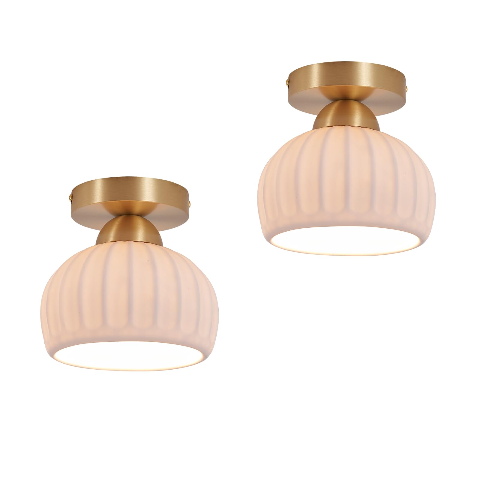 2 Pack Ceramic Brass Semi Flush Mount Ceiling Light Fixtures Modern Hallway Light Fixtures Small Gold Flush Mount Ceiling Light 