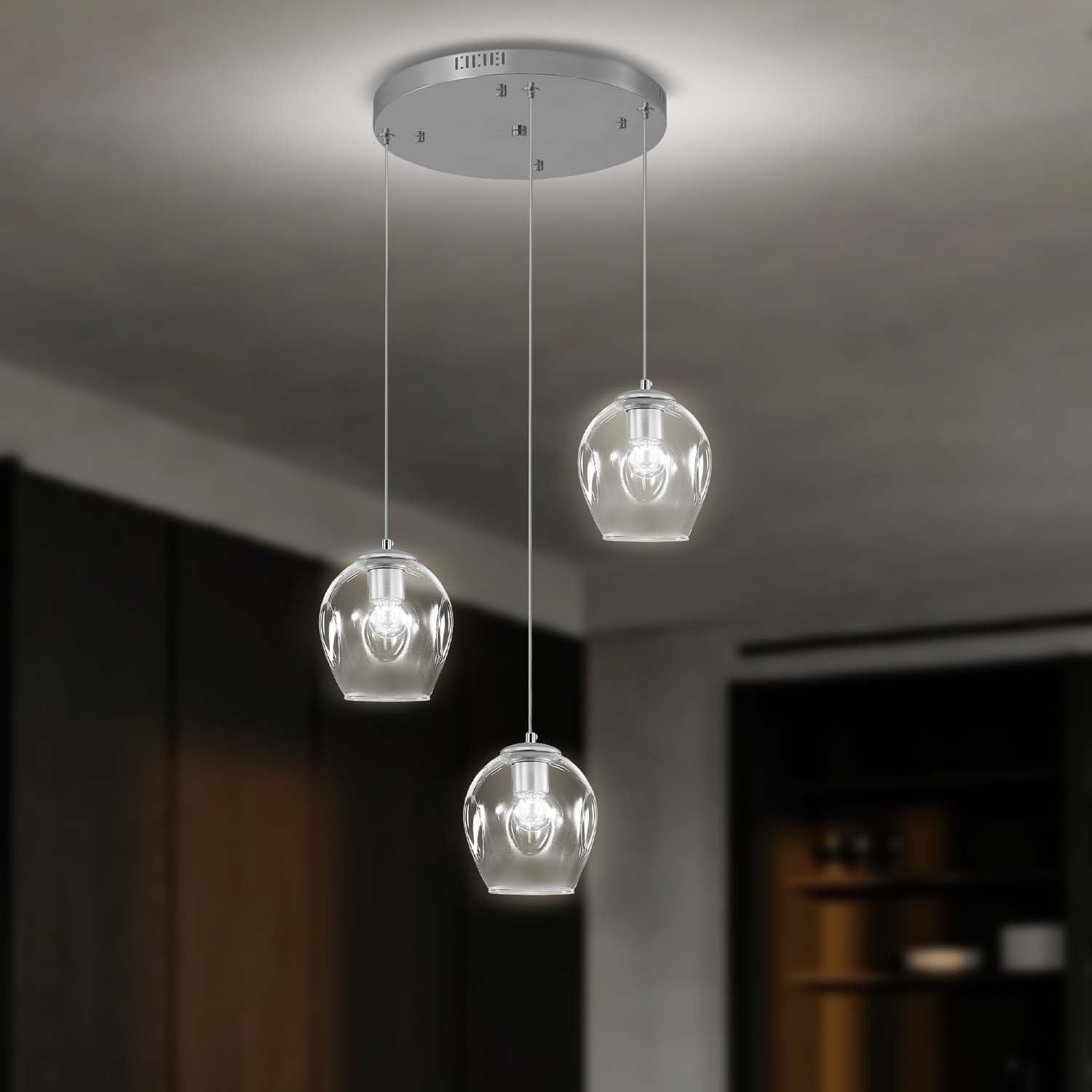 3-Light Silver Chandelier With Led Bulbs & Clear Glass Shade Ceiling Light Pendant Light For Kitchen Island, Dining Room, Living