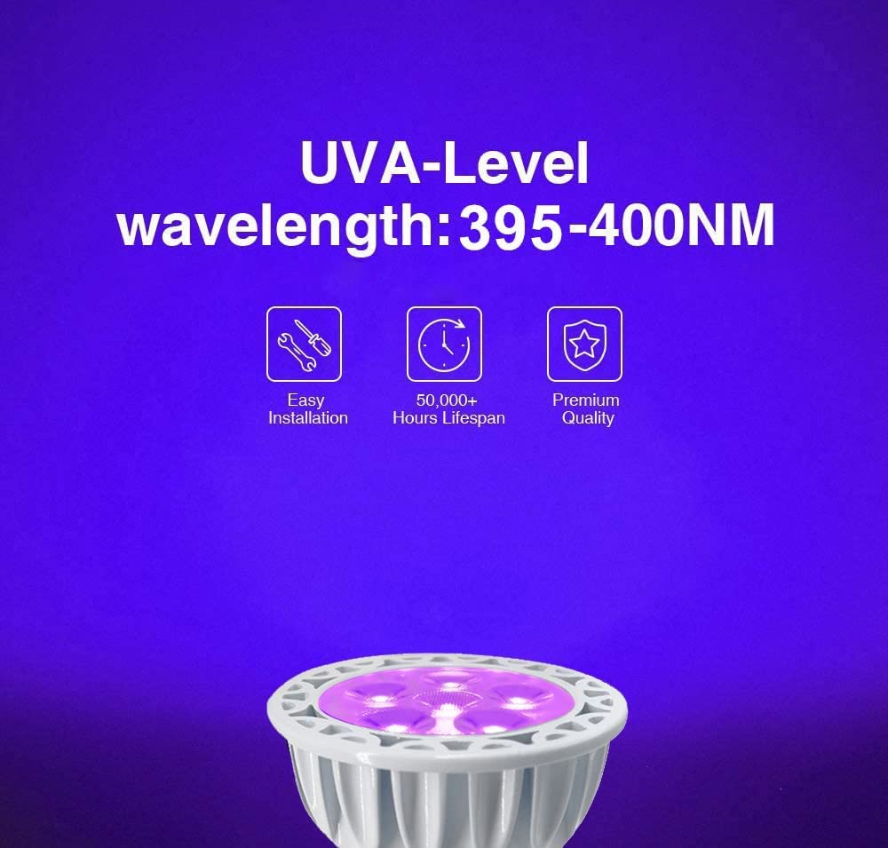 JSVSAL LED Blacklight Bulbs, MR16 GU10 Base, 6W, 395-400nm, Glow in The Dark, Not Dimmable, 4-Pack for Parties &