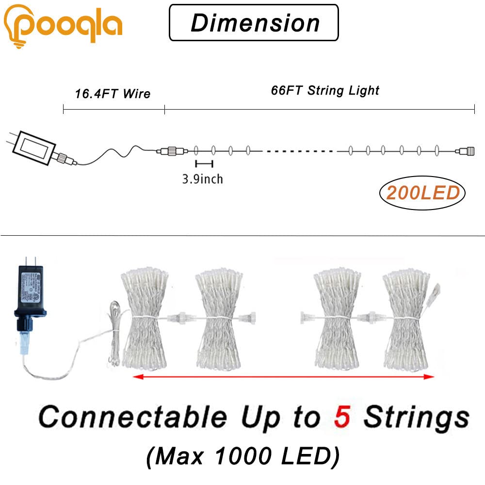 Pooqla 66ft 200 LED Pink String Lights, Clear Wire, Indoor Outdoor, 8 Modes, Model LR-(1-1000) L-SL02