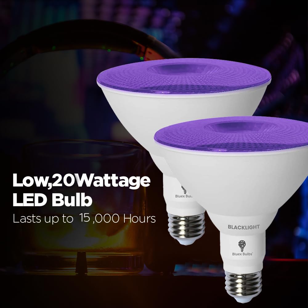 Bluex Bulbs PAR38 LED Black Light Bulb, 20W Equivalent, 2 Pack, Blacklight, Ideal for Halloween and Glow Parties