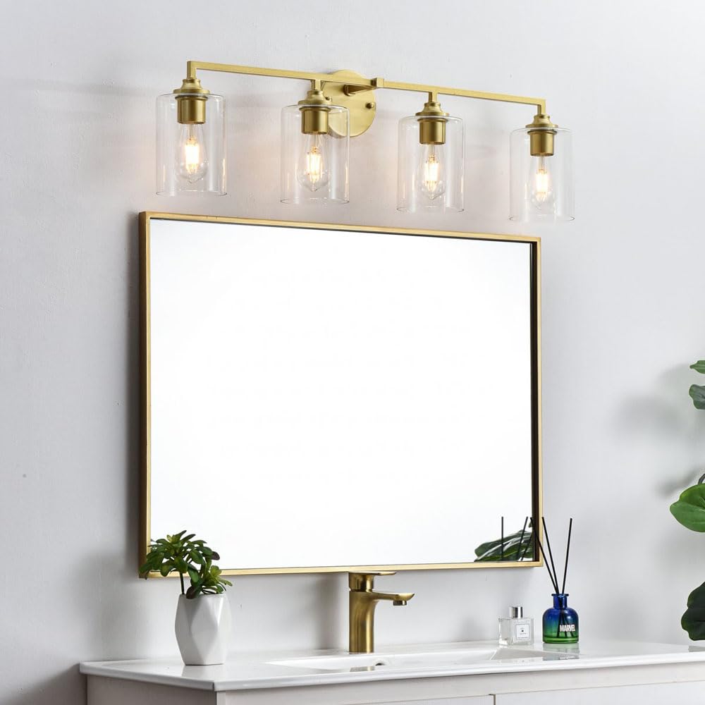 Living District Mayson 4-Light Iron & Glass Bath Sconce In Brass/Clear