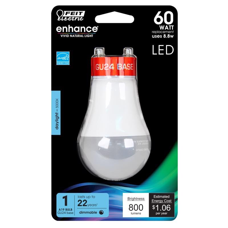Feit Electric LED A19 Bulb, 60W, GU24 Base, Plastic, 1 Count, No Color, Model OM60DM950CAGU24