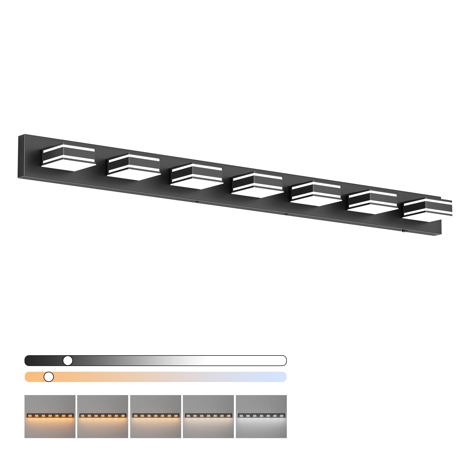 Ralbay 55Inch Black Vanity Light 5 Color Temperatures (3000K-6000K) Dimmable Metal Acrylic Led Modern Matte Black Bathroom Wall Lighting For Mirror (7-Light)