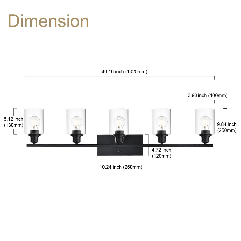 VINLUZ Bathroom Lighting Fixtures, 5-Light Matte Black Farmhouse Vanity Wall Mount Light, Glass, for Porch or Workshop