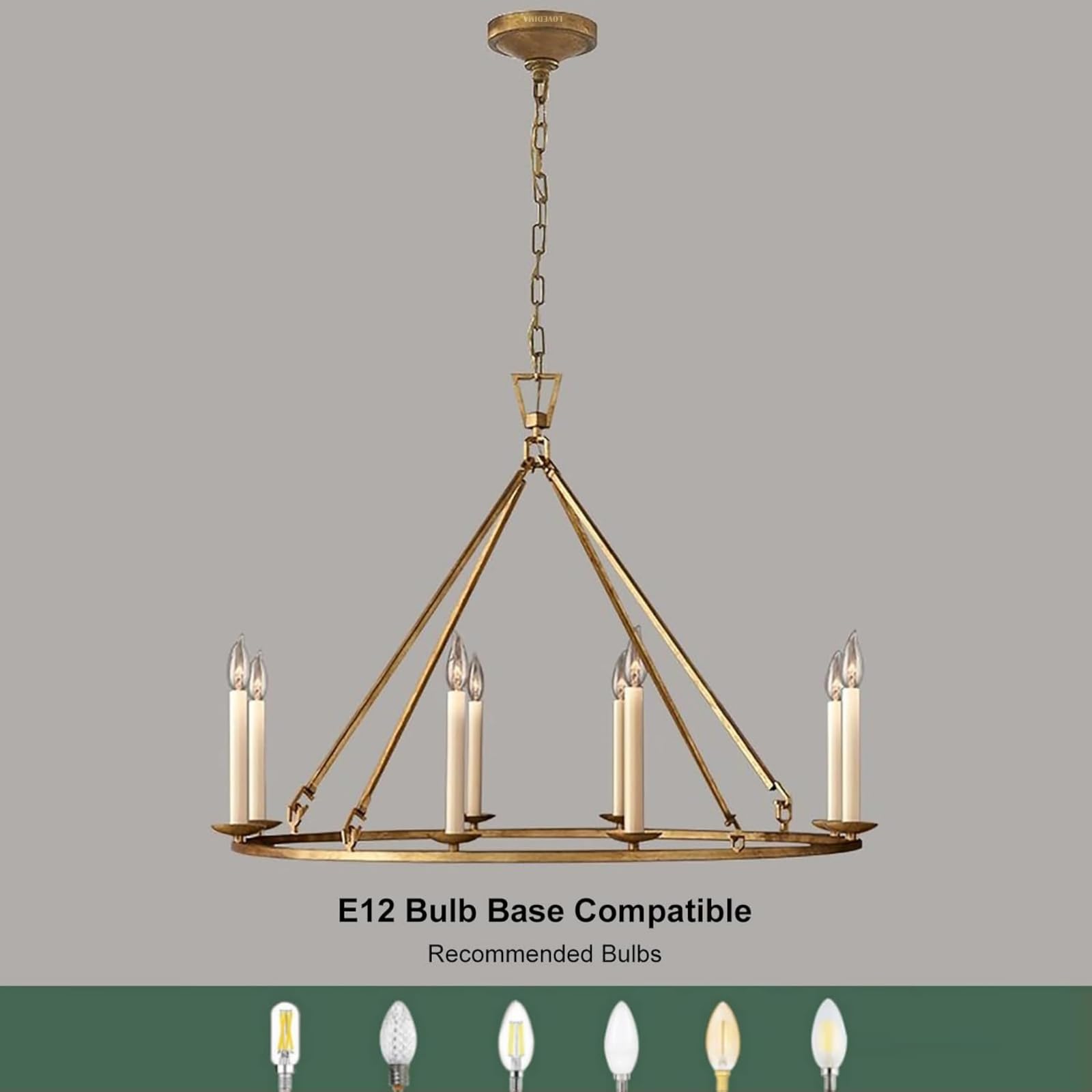 LOVEDIMA Gold Wagon Wheel Chandelier, 8-Light Antique Brass Ceiling Fixture, 35.4'' Candle-Shaped Design