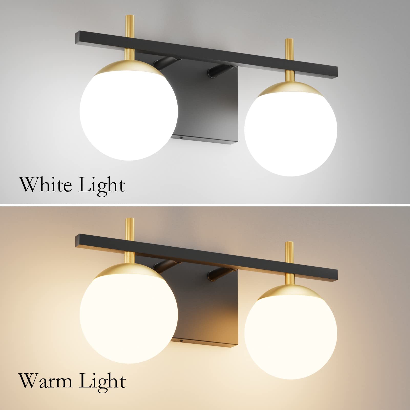 Ralbay 2-Light Bathroom Vanity Light, Mid Century Modern Black/Gold, Aluminum with Milky Glass Balls, Model 1100