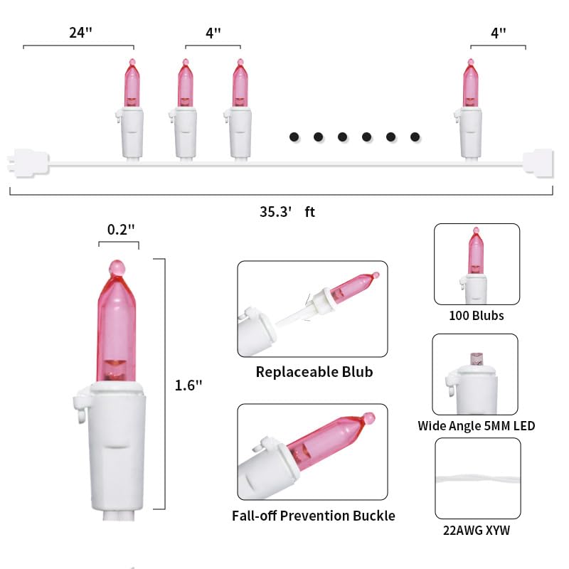 Pink Led Christmas Lights - 100 Count Pink Christmas String Lights For Tree  Party  Bedroom  Wedding  Indoor And Outdoor Valentines Day Decorations  33 Feet White Wire  Ul Certified  Connectable