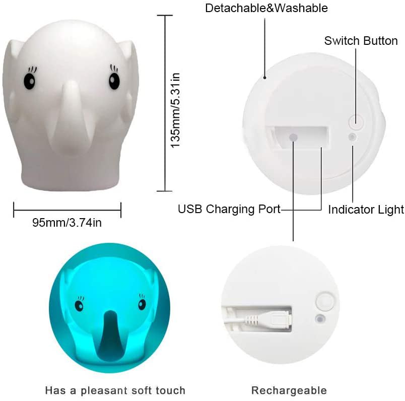 Tianhaixing LED Night Light for Kids, Cute Elephant Design, Rechargeable, Touch & Remote Control, White, Model THX8860