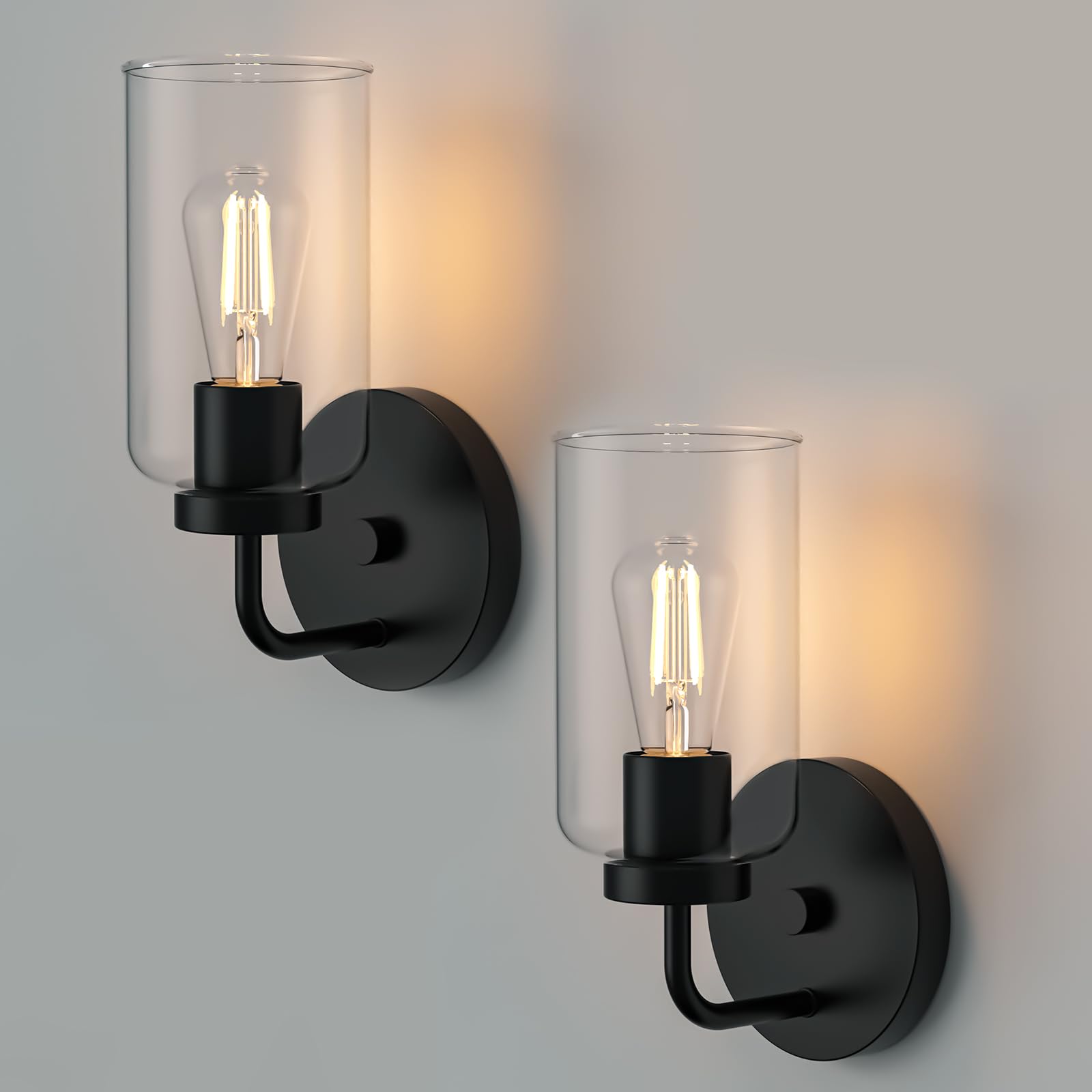 Zevluck Wall Sconces Set Of 2 - Modern Black Metal Light Fixtures With Clear Glass Shade For Bathroom, Bedroom, Living Room, Hardwired