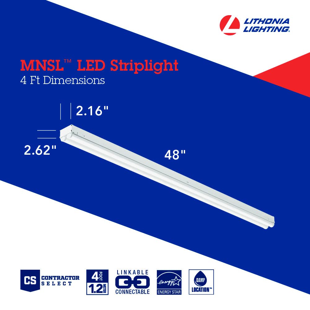 Lithonia Lighting 4Ft Light Fixture, Led Strip Light, Mvolt, 4000K Cool White Light 4-Foot, 2-Light, White (Mnsl L48 2Ll Mvolt 4