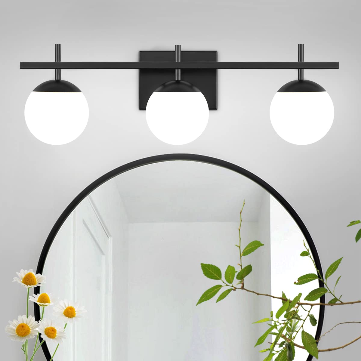 Zsmihdoh 3-Light Black Bathroom Vanity Light, Mid Century Globe Fixtures With Milky Glass