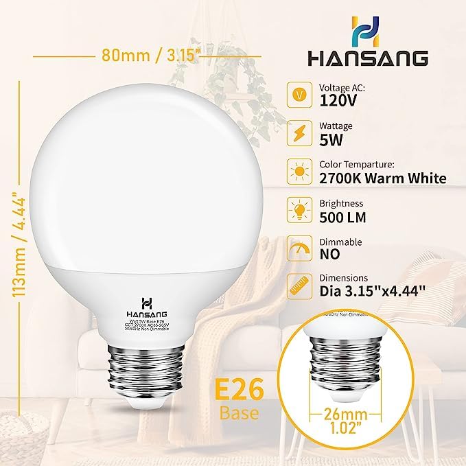 Hansang 8 Pack Vanity Light Bulbs For Bathroom, 2700K Warm White E26 Base Round Led Globe Bulb, 40W Equivalent, G25 Vanity Light