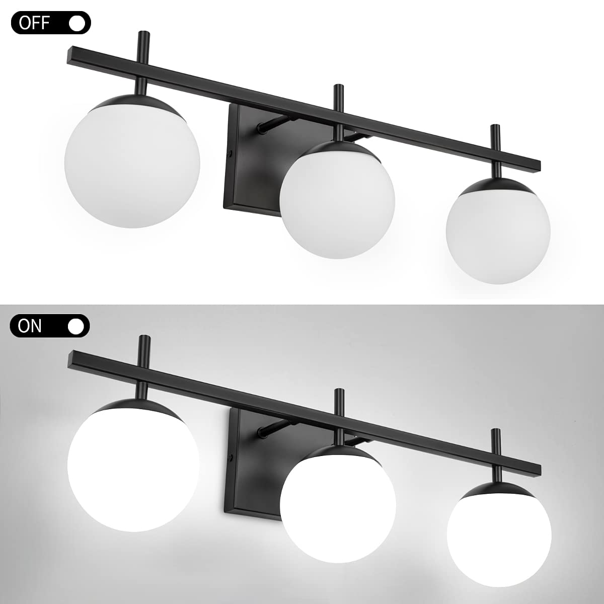 Zsmihdoh 3-Light Black Bathroom Vanity Light, Mid Century Globe Fixtures With Milky Glass