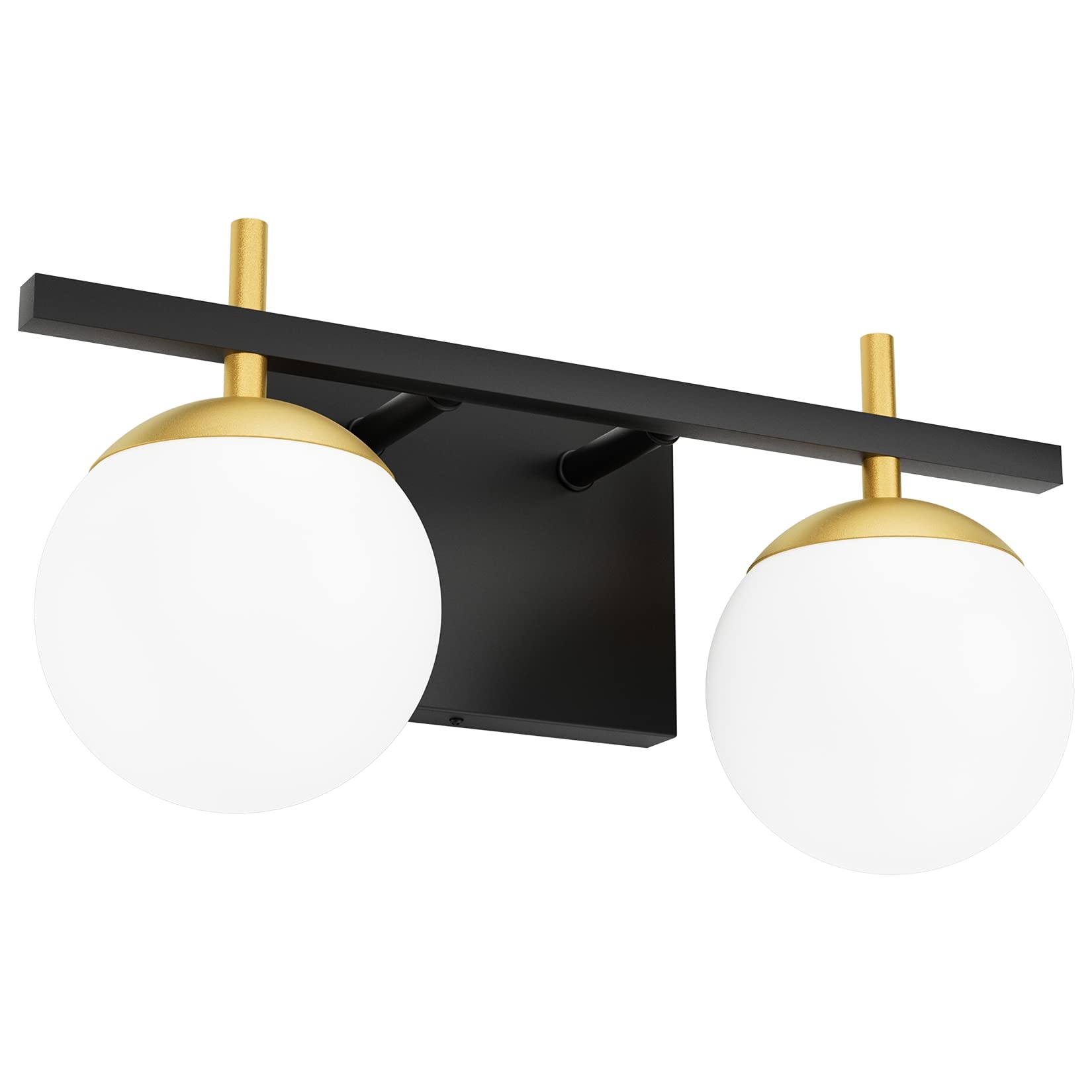 Ralbay 2-Light Bathroom Vanity Light, Mid Century Modern, Black/Gold, Aluminum, Model 1100, Milky Glass Ball
