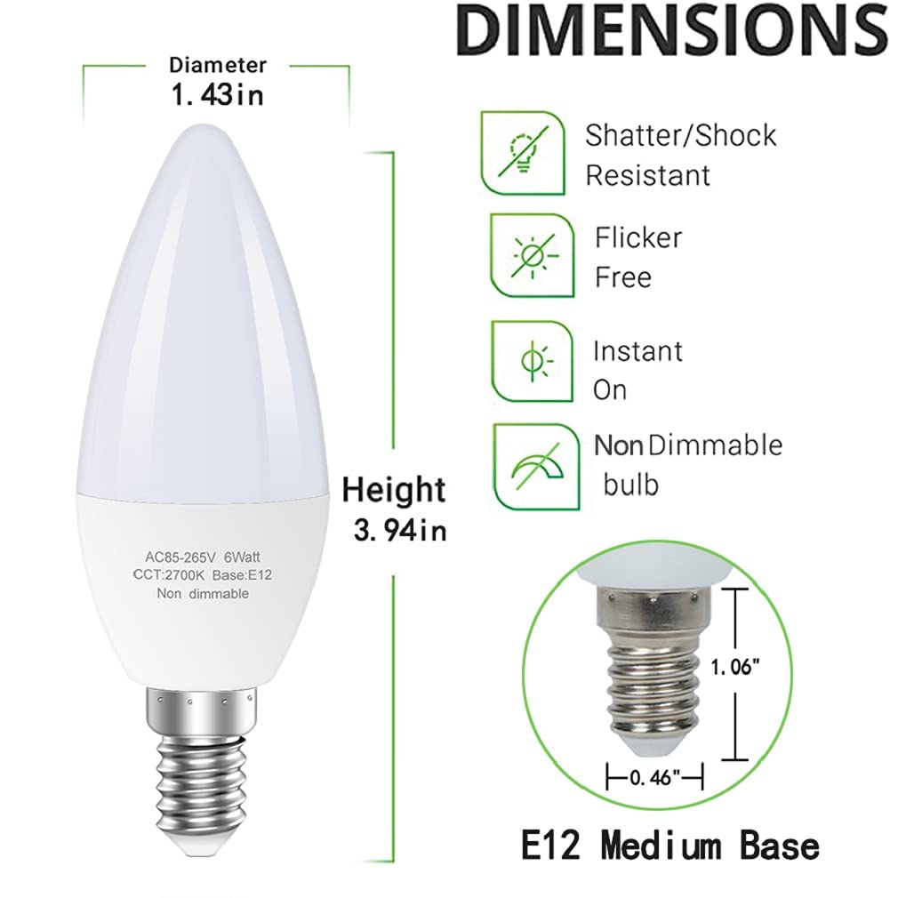 Led Candelabra Bulb E12, 60W Equivalent, 2700K Warm White, Non-Dimmable, 12