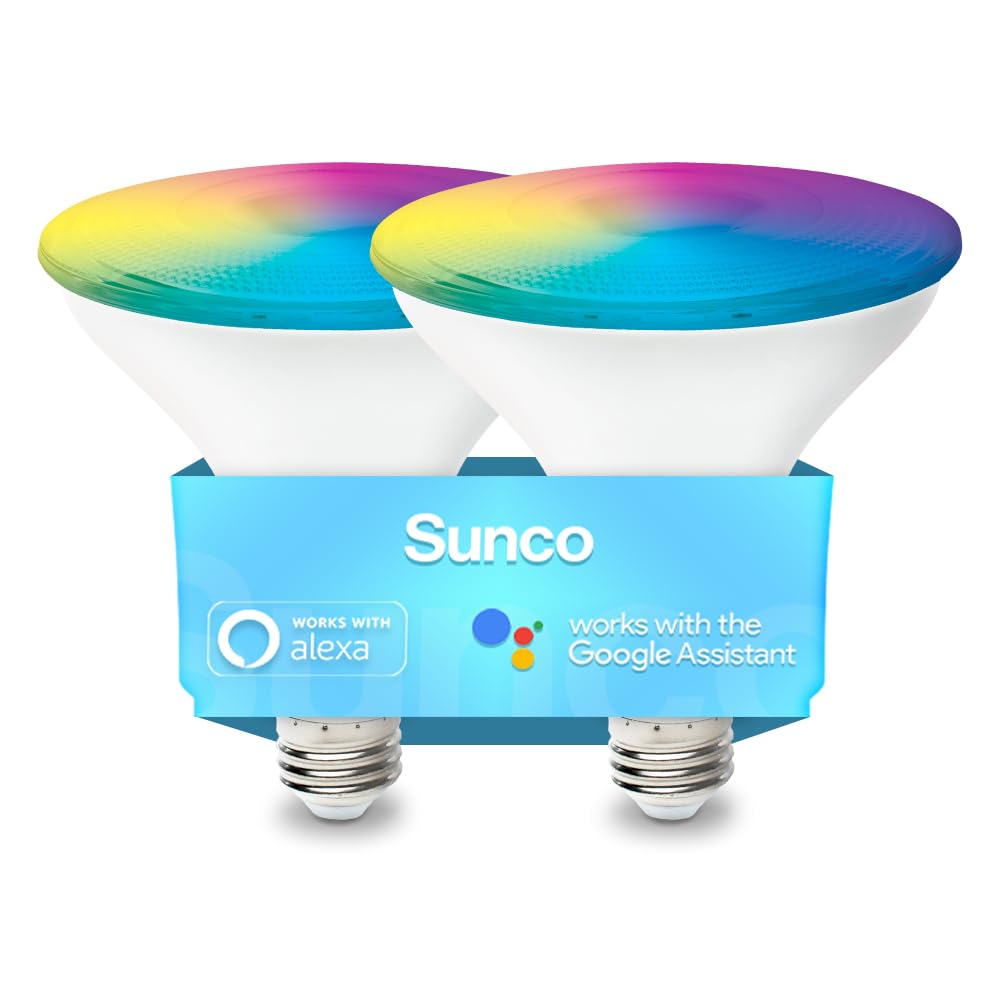 Sunco Par38 Alexa Compatible Smart Led Bulbs, Wifi Color Changing Outdoor Flood Light, 13W, Rgb Tunable White Cct, Dimmable, Wit