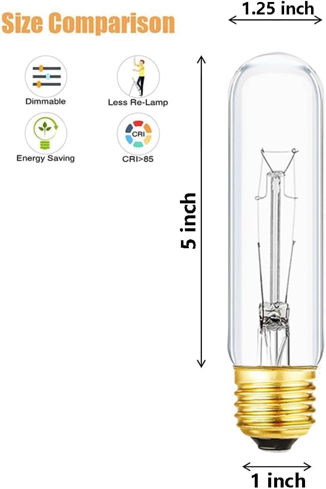 BUBYVV 25 Watt T10 Clear Tubular Incandescent Light Bulb, Vintage Style Showcase Bulb,Showcase lamp, 2700K Soft White, E26 Mediu