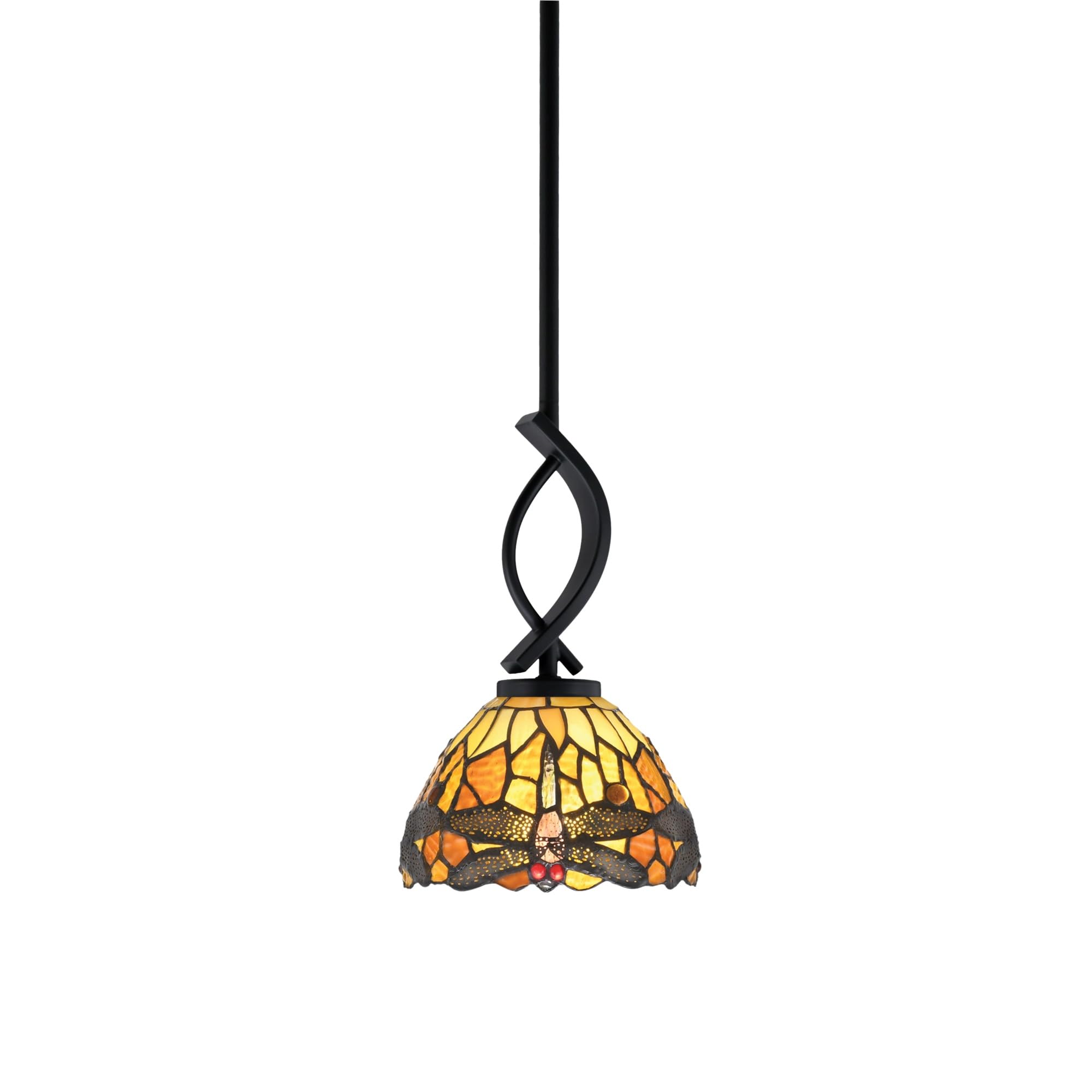 Cavella 1 Light Stem Mini Pendant Shown in Matte Black Finish with 7&quot; Amber Dragonfly Art Glass