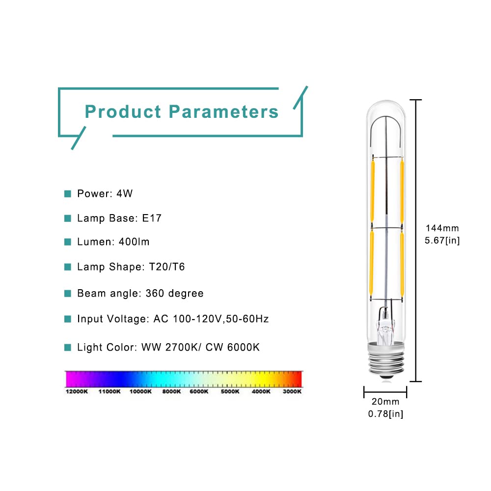 Bonlux 4W Led T6.5 Tubular Filament Bulb Dimmable, E17 Intermediate Base T6.5 Led Appliance Light 5.7'' Length 40W Incandescent