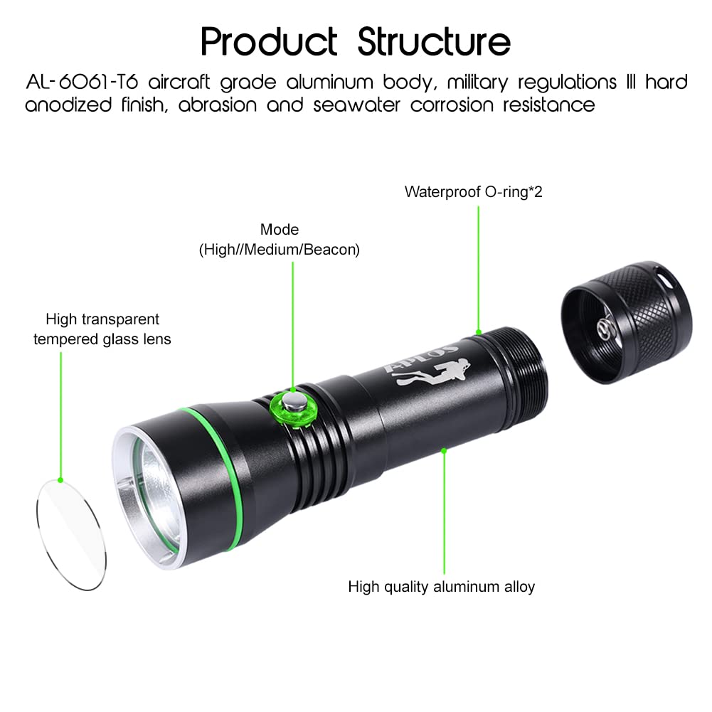 APLOS AP30 3000lm Diving Flashlight - IPX8 Waterproof, Aluminum, Black, 3 Modes, Rechargeable