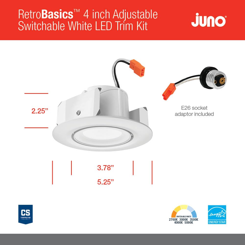 Juno LED Downlight Trim Kit, 4-Inch Adjustable, Switchable CCT 2700K-5000K, Model RB4A SWW5 MW M6, Matte White