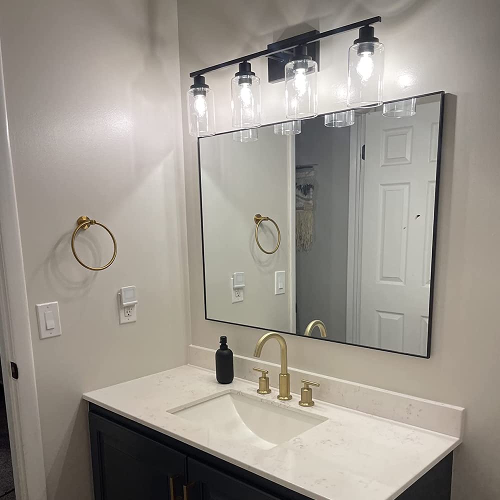 MELUCEE 4 Lights Sconces Wall Lighting Black with Clear Glass Shade, Industrial Bathroom Light Fixtures Vanity Lights Porch Ligh