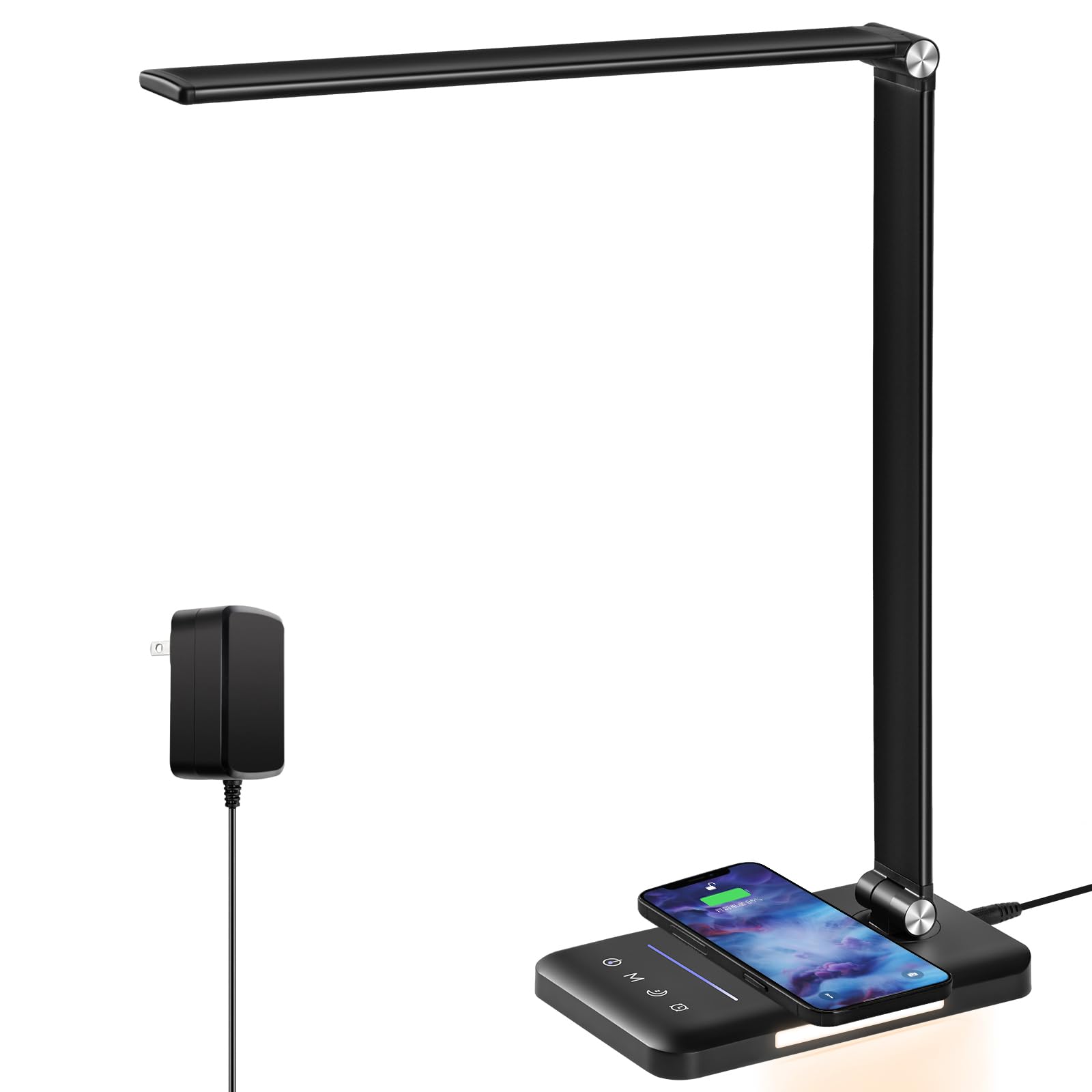 HMFUNTM LED Desk Lamp with Wireless Charger, USB Port, 5 Color Modes, Touch Control, Medium Size, Upgraded Black, Model EK009A