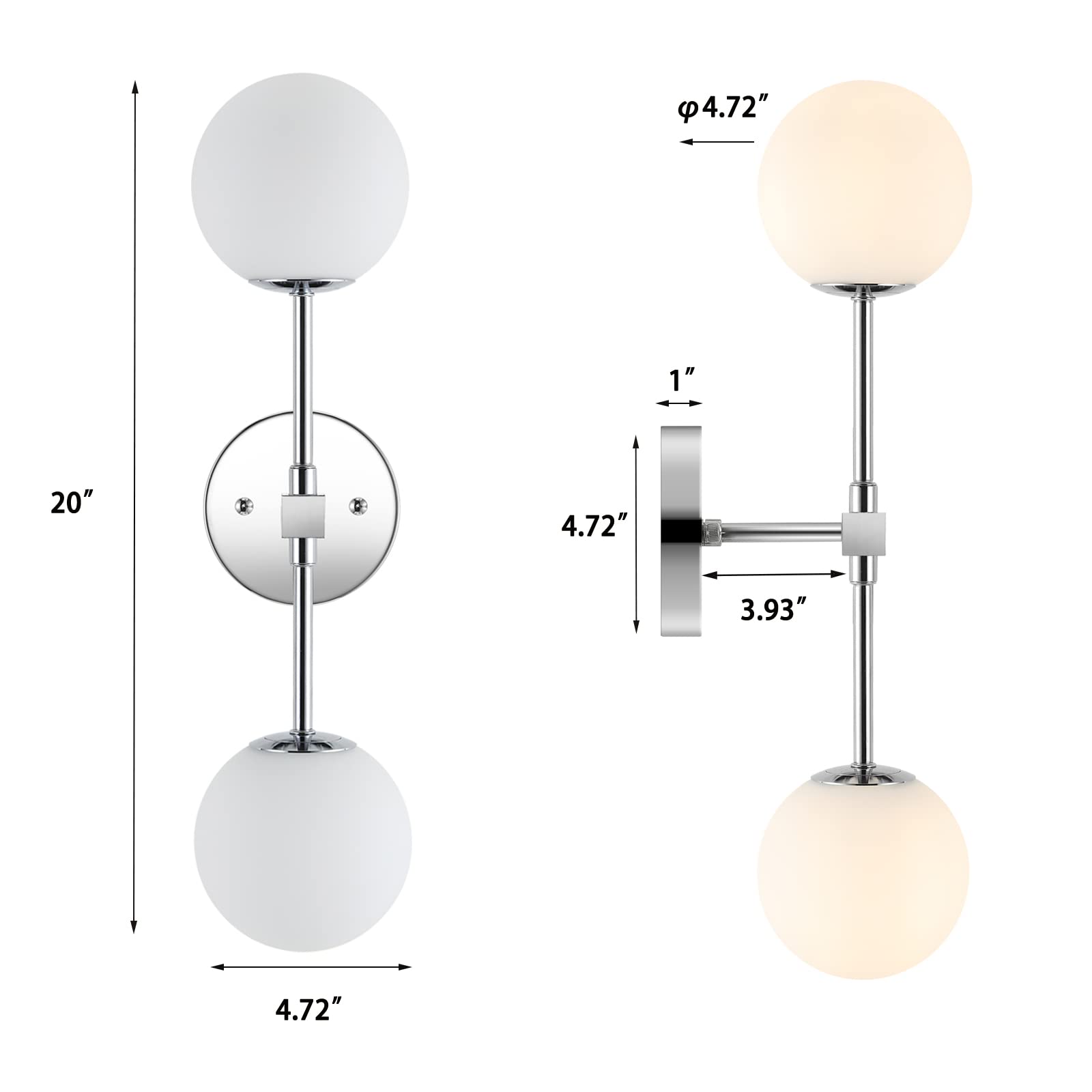 BAODEN Modern Wall Sconce - 2-Lights Industrial Bathroom Vanity Light, White Globe Glass, Brushed Chrome Finish